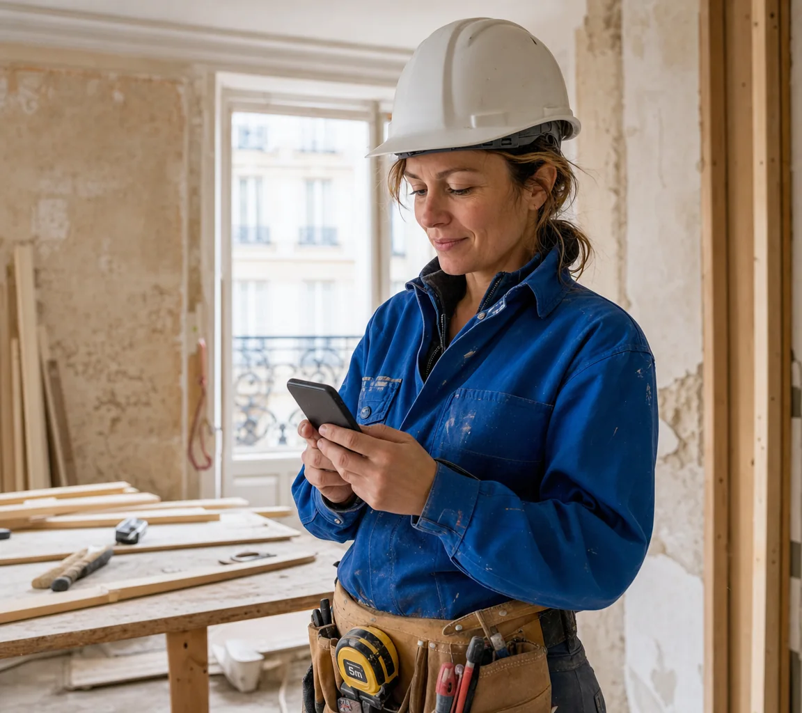 Une artisane en tenue de chantier consulte son téléphone dans un appartement en rénovation