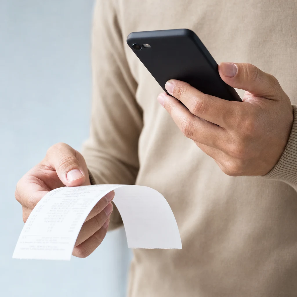 Une personne tient un ticket de caisse devant son téléphone en position portrait pour le photographier