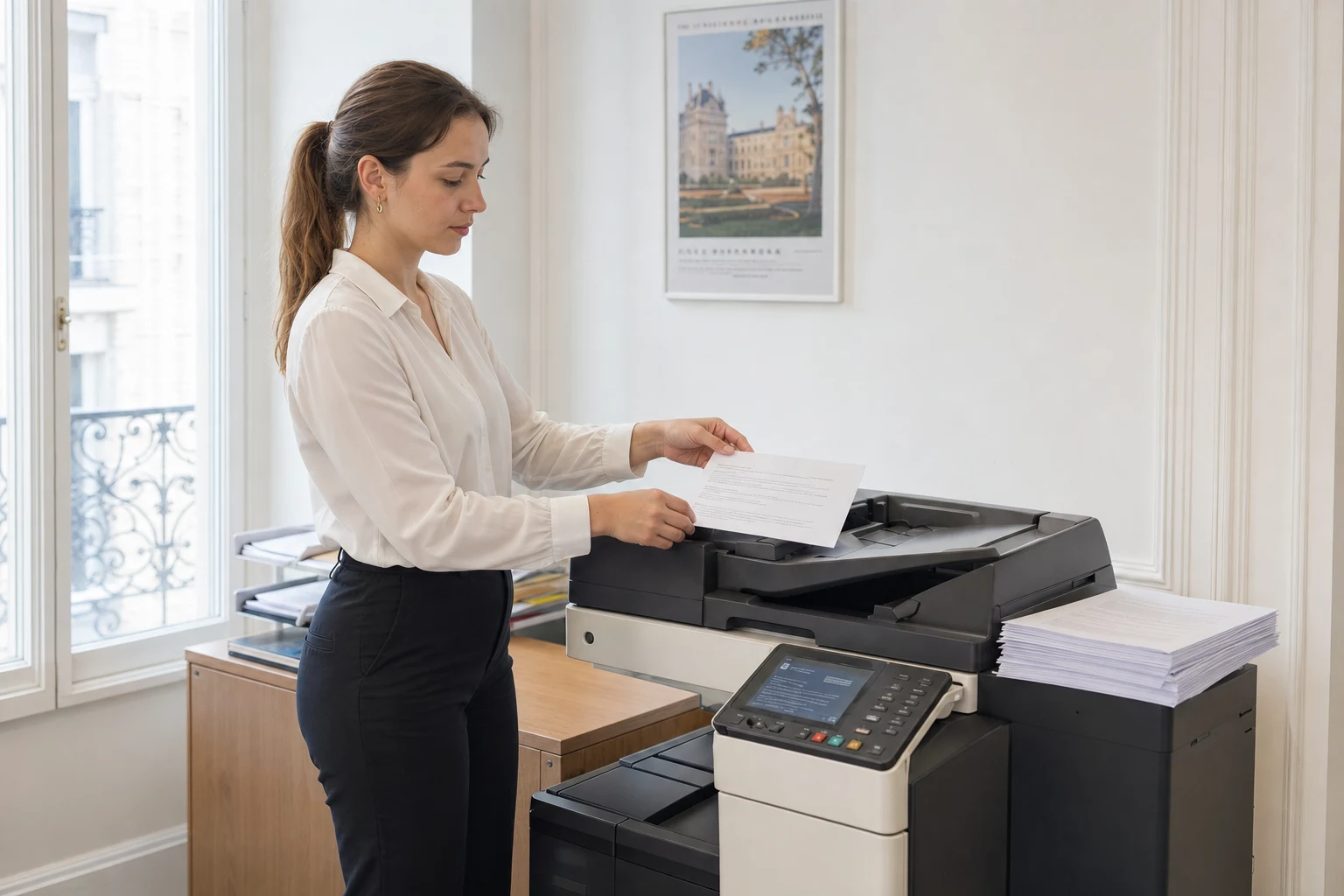 Une secrétaire debout place une feuille rectangulaire dans le copieur multifonction, une pile de courriers posée à côté